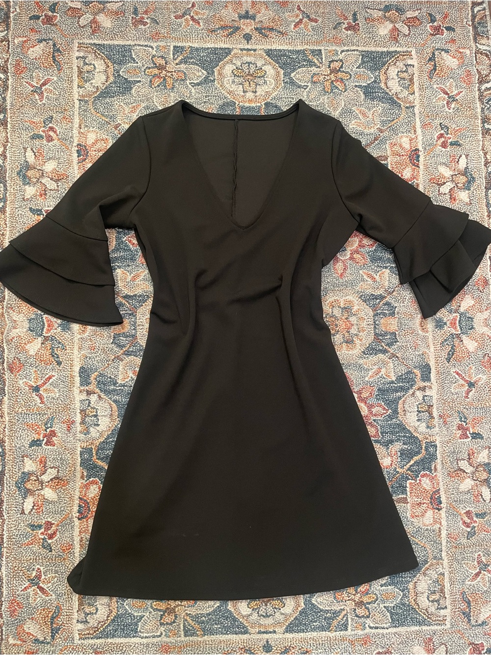 Black Bell-Sleeve V-Neck A-Line Dress